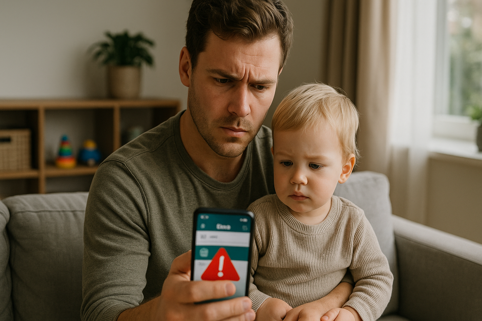 Bezorgde ouder met kind bekijkt waarschuwing op smartphone bankapp