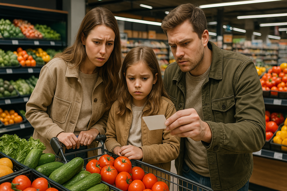Gezin bekijkt prijzen van groente en fruit in Nederlandse supermarkt