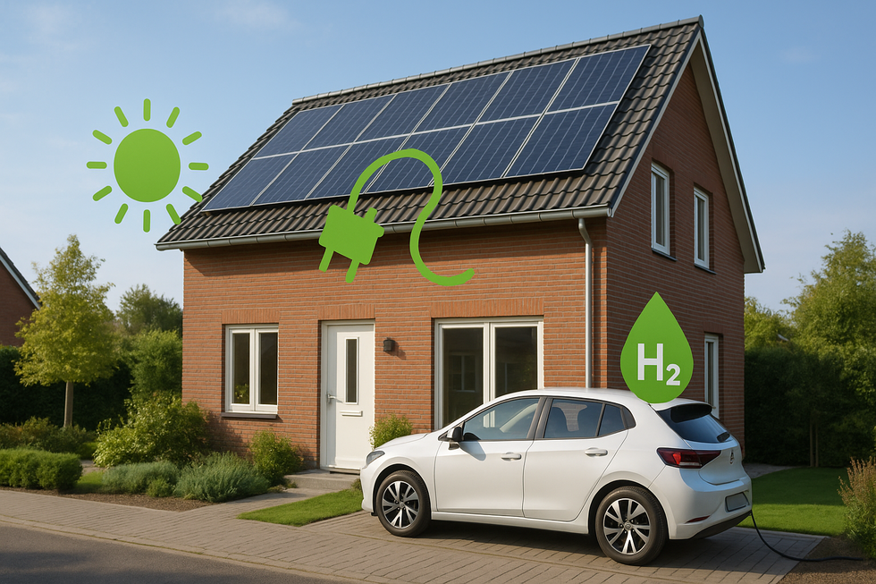 Modern huis met zonnepanelen en elektrische auto die wordt opgeladen