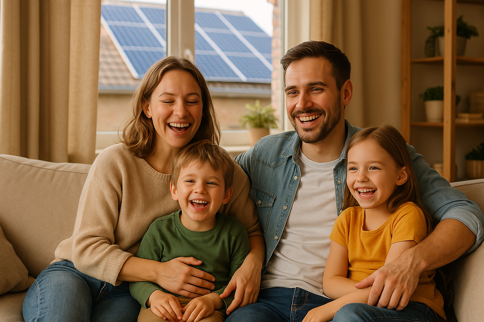 Gelukkige jonge familie op bank in warme woonkamer met zonnepanelen zichtbaar buiten