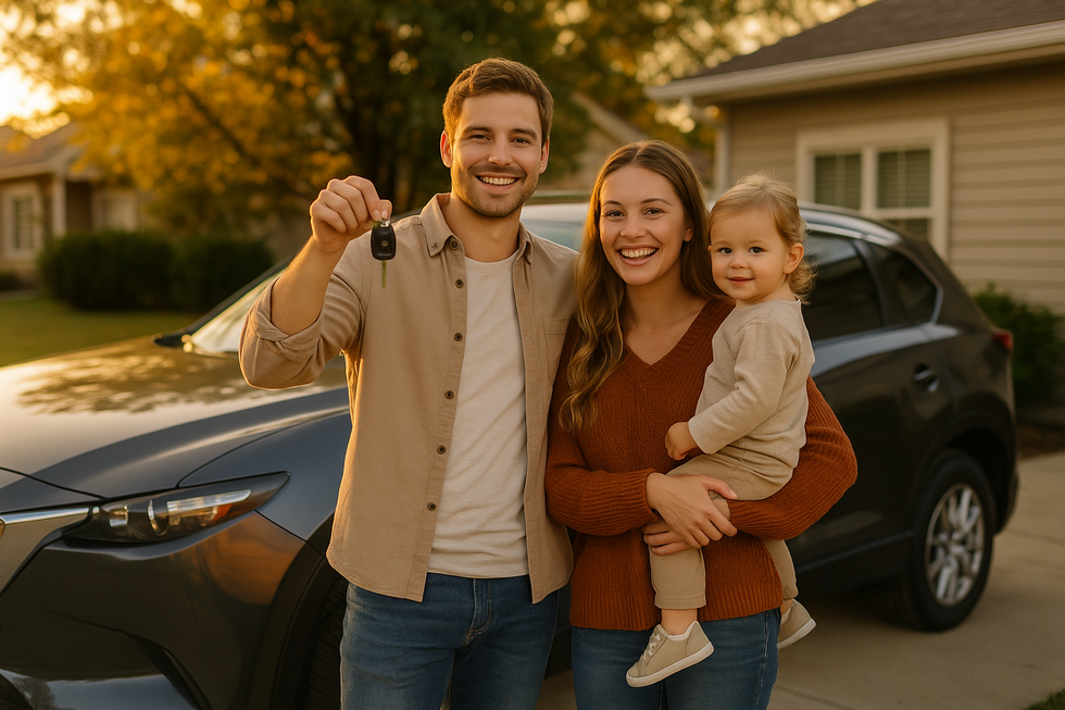 Jong gezin met kind staat trots naast hun nieuwe gezinsauto