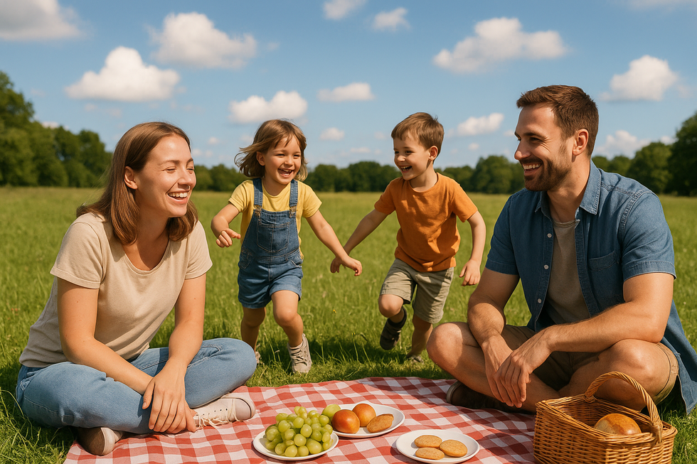 Familie van vier personen picknickt op een kleed in een zonnige weide