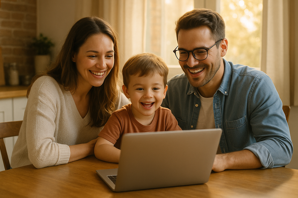 Gelukkig gezin met jonge ouders en kind die samen naar laptop kijken aan keukentafel