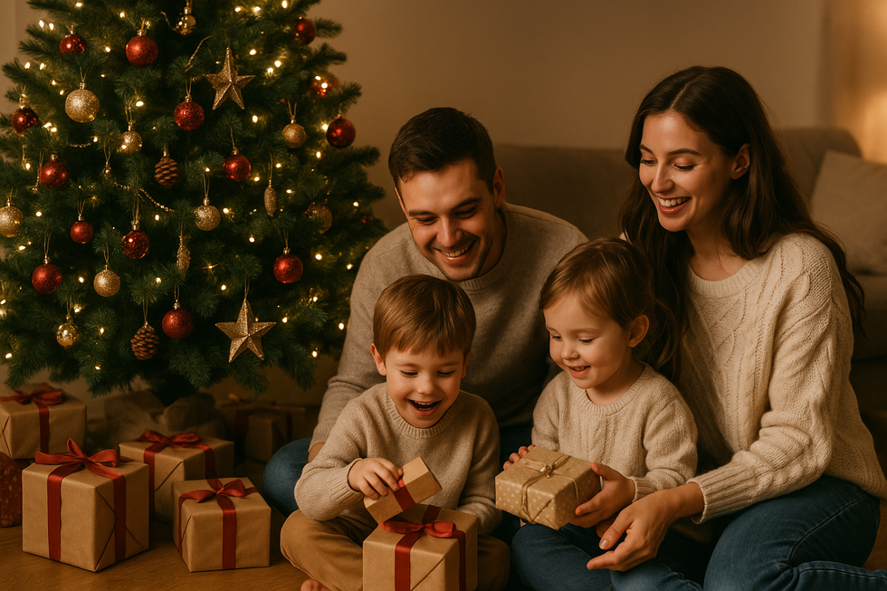 Een gelukkig jong gezin rond een kerstboom met betaalbare kerstcadeaus in een warme huiselijke sfeer