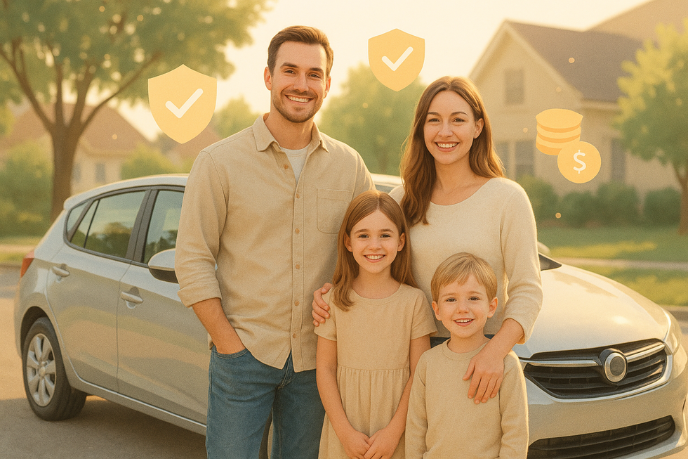 Illustratie van een gelukkig jong gezin met twee kinderen naast hun auto met beschermingssymbolen