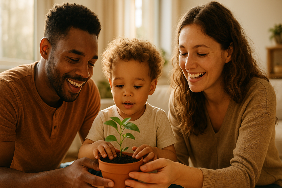 Een gelukkig jong gezin, bestaande uit ouders en jonge kinderen, die samen een groene plant verzorgen in hun lichte woonkamer. Ze lachen en lijken te genieten van de activiteit.