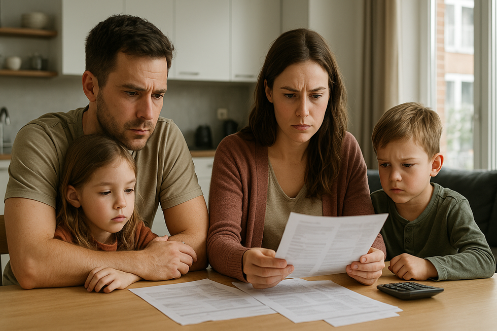Jong gezin bekijkt rekeningen aan keukentafel in Nederlandse woning