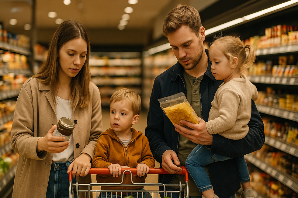 Jong gezin met kinderen doet boodschappen in supermarkt