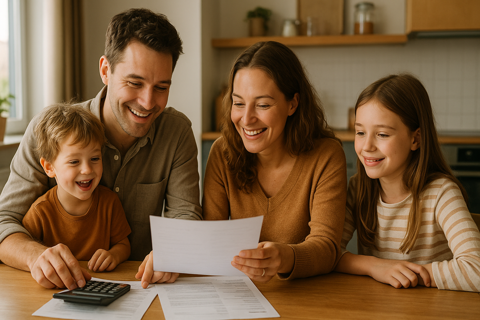 Jonge Nederlandse familie bekijkt financiële documenten over kinderbijslag indexatie 2025