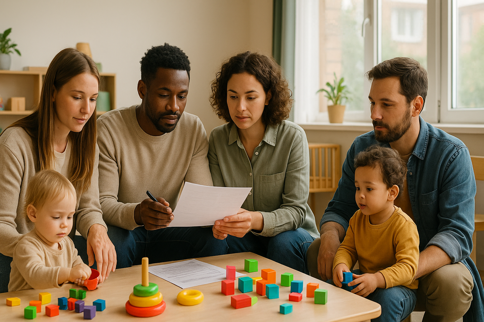Nederlandse ouders met jonge kinderen in een kinderdagverblijf bespreken veranderingen in kinderopvangtoeslag