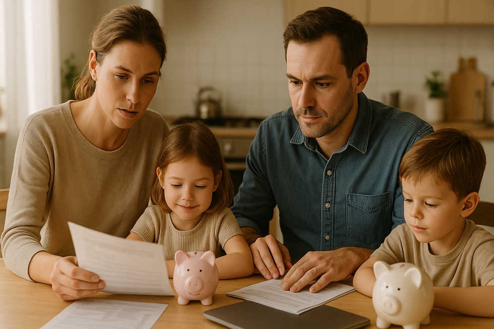 Ouders aan keukentafel met laptop en financiële documenten, spaarvarkens op tafel