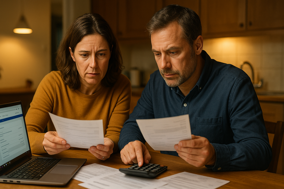 Ouders aan keukentafel met financiële documenten en laptop voor spaarplanning