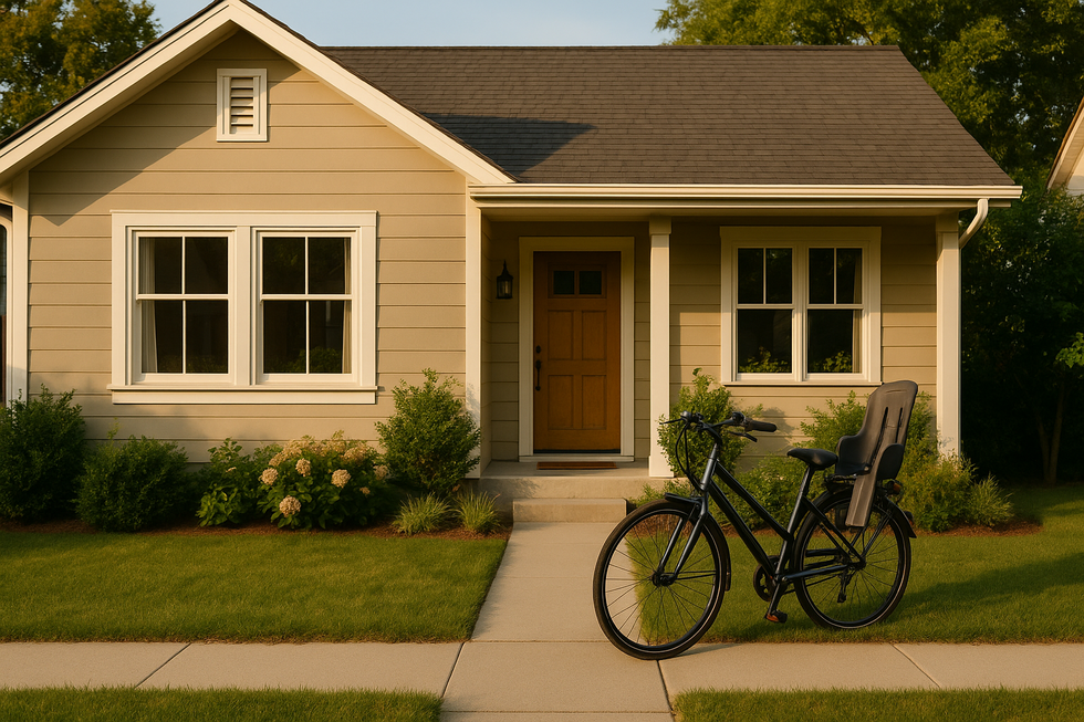 Gezinsvriendelijk huis met fiets en kinderzitje, symbool voor woningkoop door jonge gezinnen