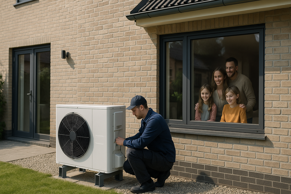 Warmtepomp installatie bij gezinswoning met ouders en kinderen die toekijken