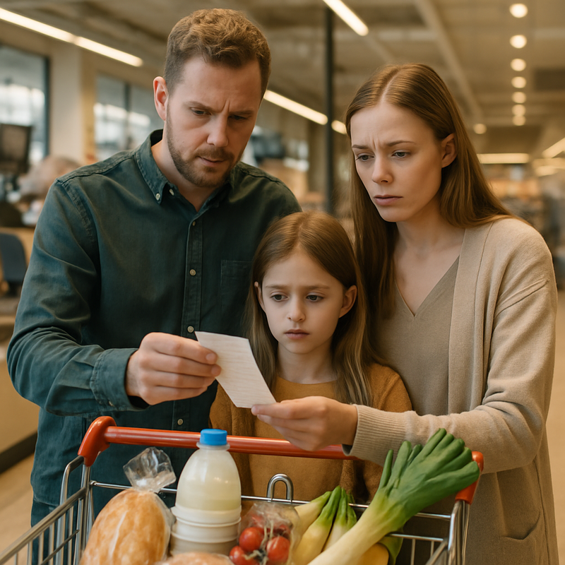 Gezin bekijkt kassabon in supermarkt tijdens inflatie