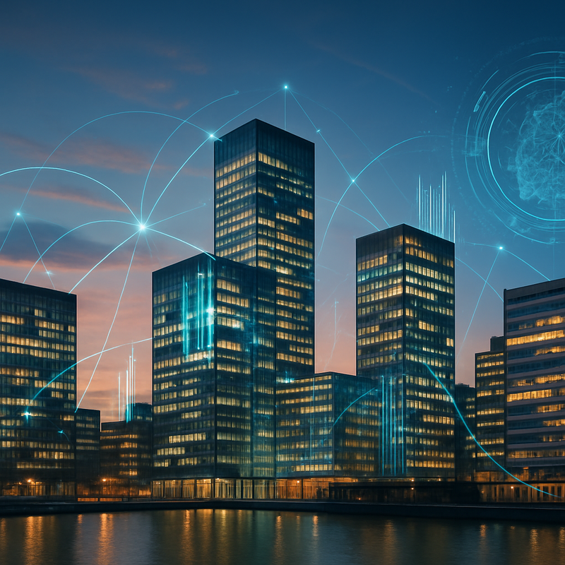 Nederlandse financiële skyline met digitale netwerken die fintech-innovatie symboliseren