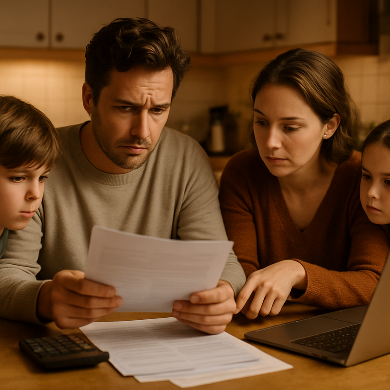 Gezin bekijkt samen verzekeringsdocumenten aan keukentafel