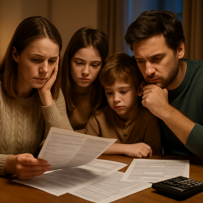 Gezin bekijkt belastingpapieren aan tafel
