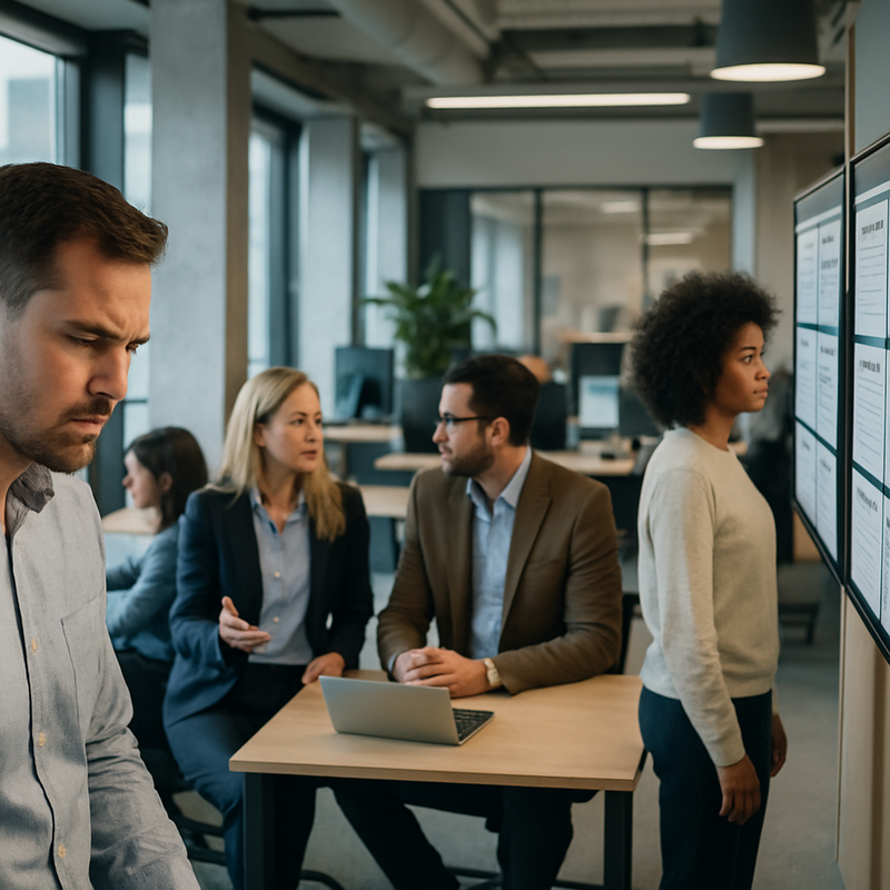 Professionals in een Nederlands kantoor bekijken vacatures op schermen