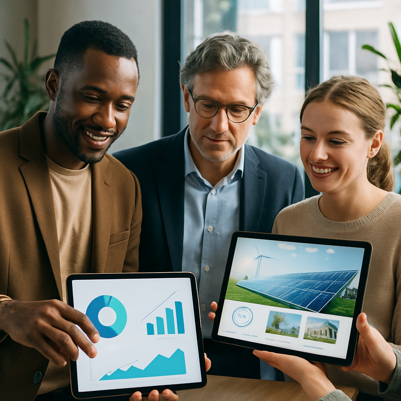 Groep mensen bekijkt investeringsplatformen op digitale schermen in modern kantoor