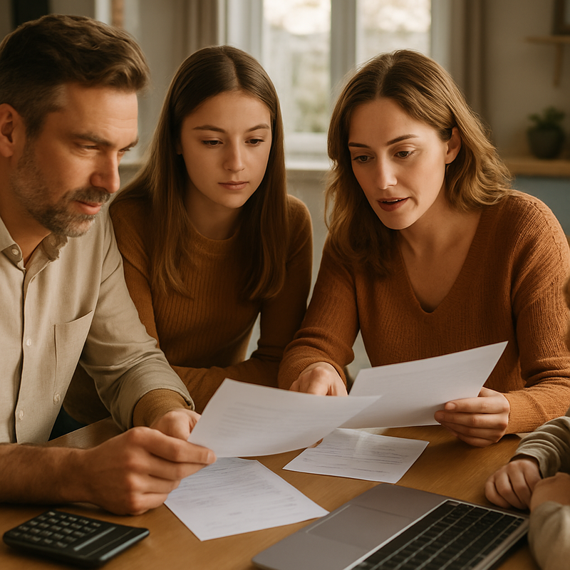 Familie aan tafel met financiële documenten