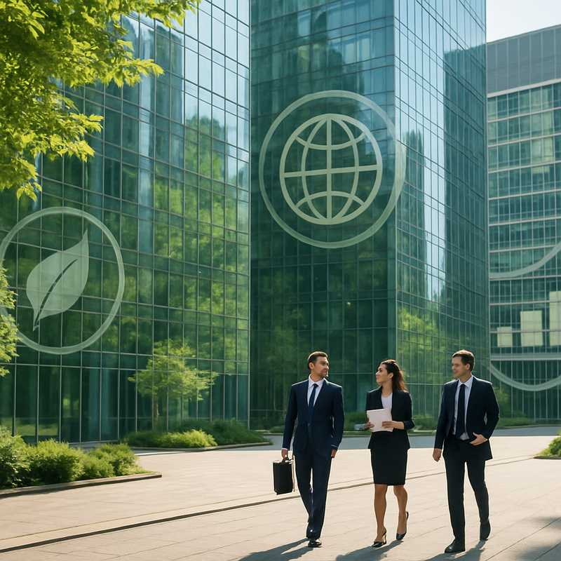 Moderne kantoorgebouwen in Nederland met groene elementen symboliseren ESG-investeringen