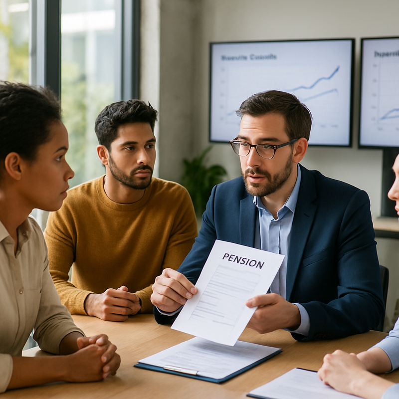 Financieel adviseur bespreekt nieuwe pensioenregelingen met werknemers in kantooromgeving