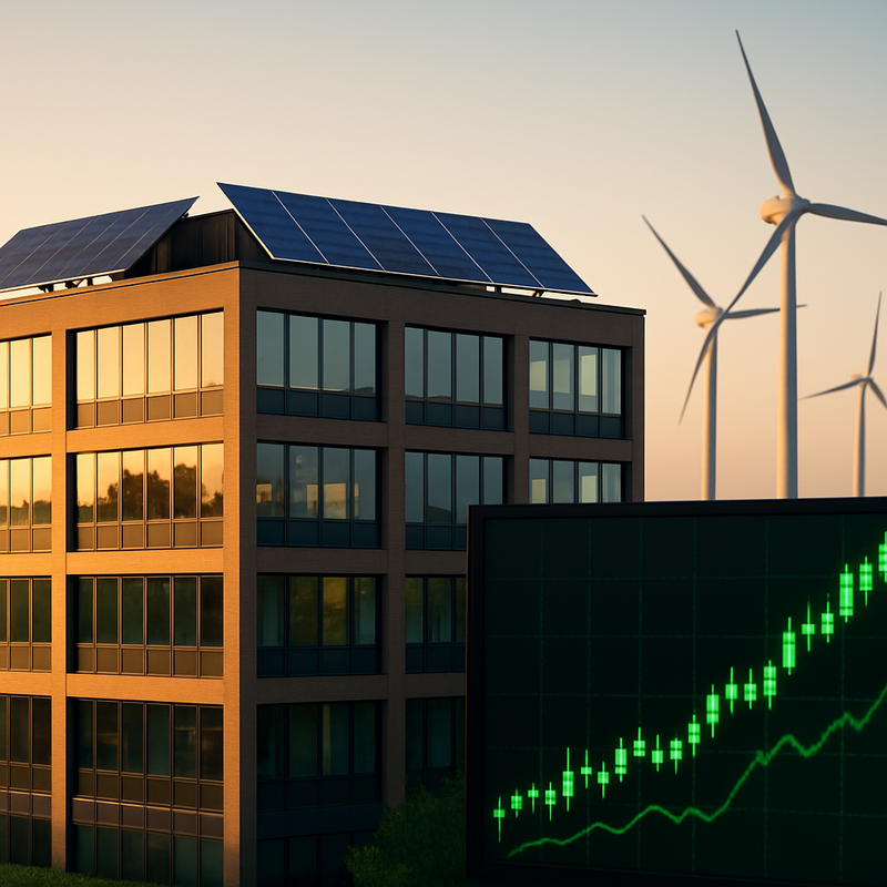 Kantoorgebouw met zonnepanelen en windmolens op achtergrond met beursgrafieken