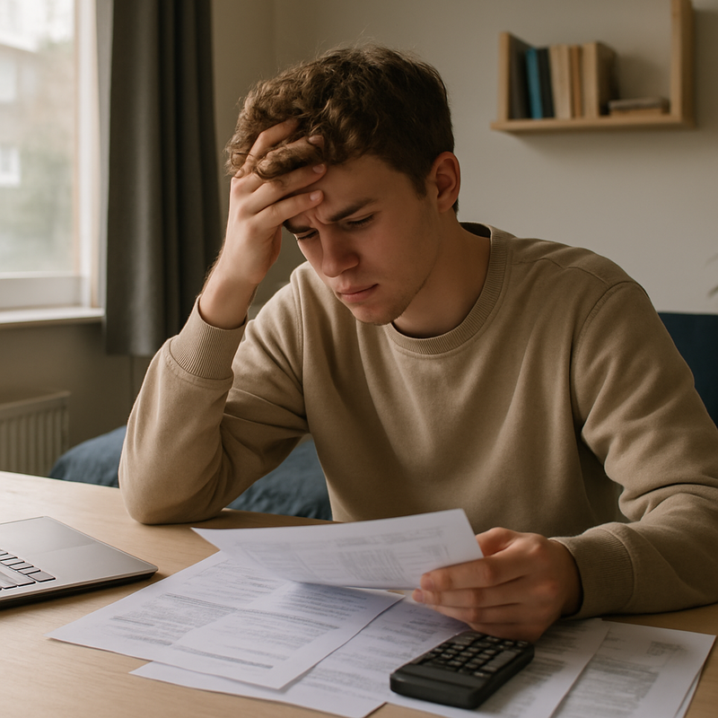 Jonge student bekijkt bezorgd financiële documenten aan bureau