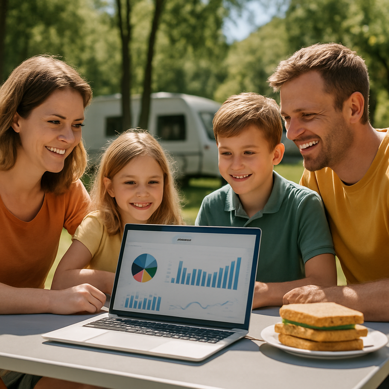 Familie plant vakantiebudget met laptop op camping