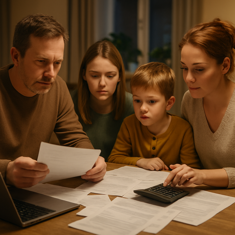 Familie werkt samen aan gezinsbudget met laptop en rekeningen op tafel