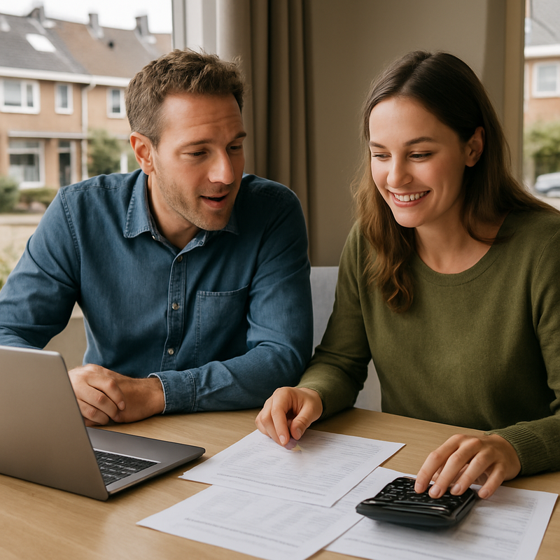 Gezin bespreekt financiële planning aan eettafel met laptop en documenten