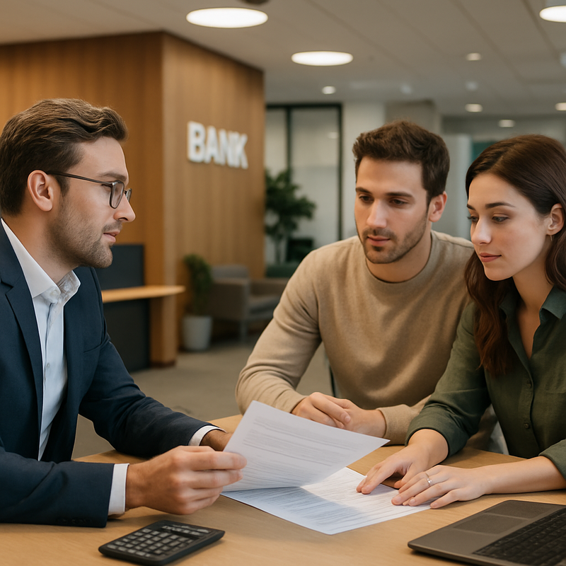 Financieel adviseur bespreekt leningsvoorwaarden met klanten in bank