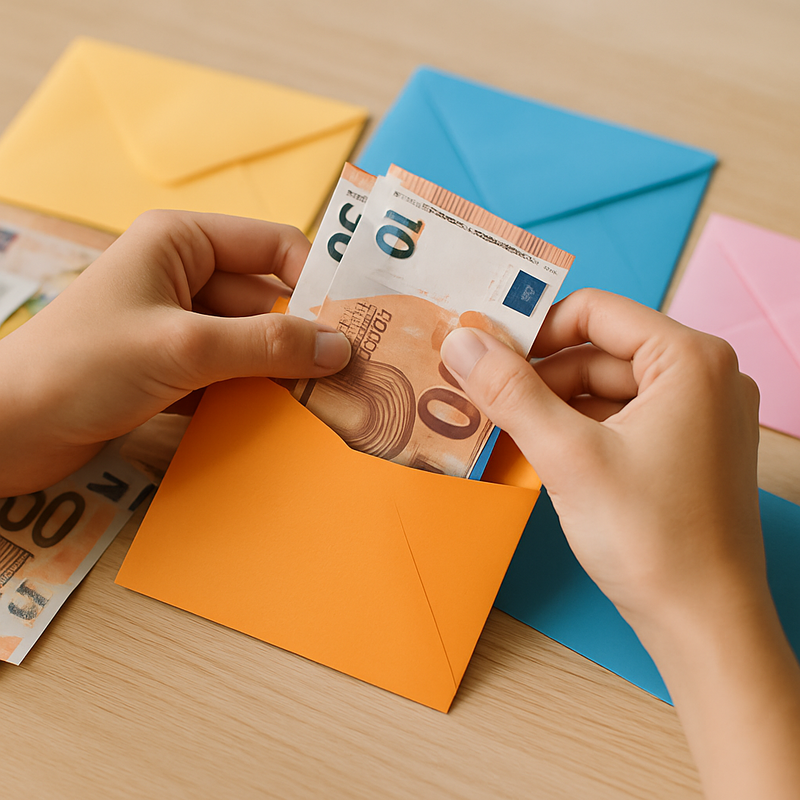 Handen sorteren eurobiljetten in gelabelde enveloppen voor budgettering