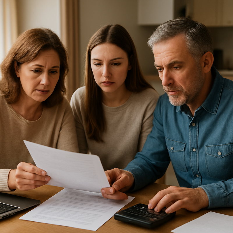 Familie bespreekt documenten voor familiehypotheek aan eettafel