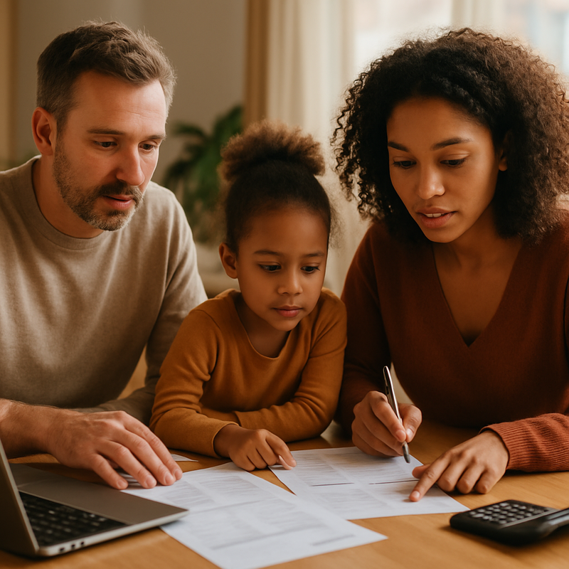 Nederlandse familie die gezinsplanning en bewust ouderschap bespreekt aan een tafel met documenten en laptop