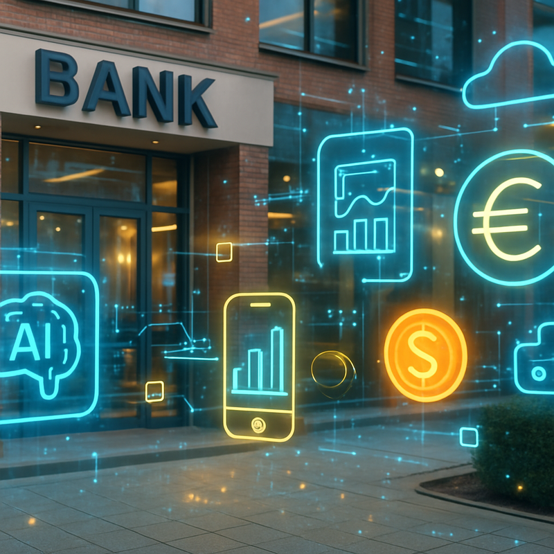 Moderne bankomgeving met digitale technologieën en fintech-symbolen die de technologische impact vertegenwoordigen
