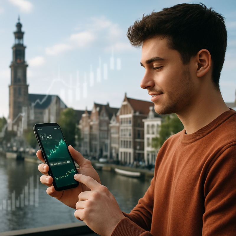 Jong persoon die op een mobiel apparaat belegt in de effectenmarkt, met financiële grafieken op het scherm
