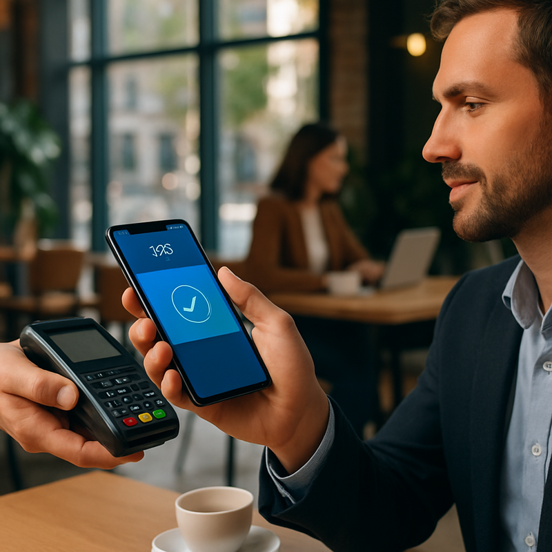 Persoon die contactloos betaalt met smartphone via digitale portemonnee in café