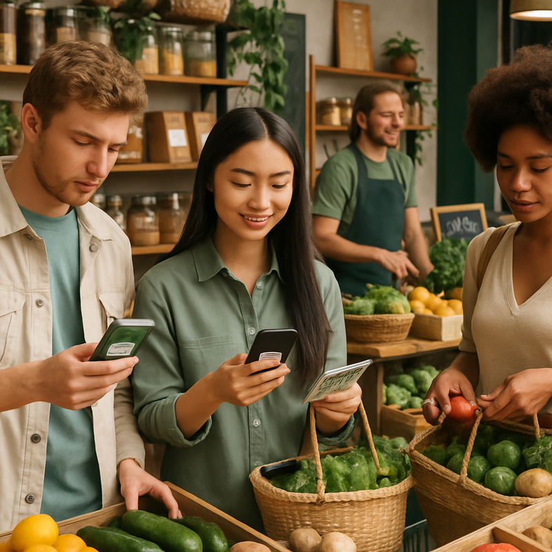 Jonge consumenten scannen QR-codes en kopen duurzame producten op een lokale markt in Nederland