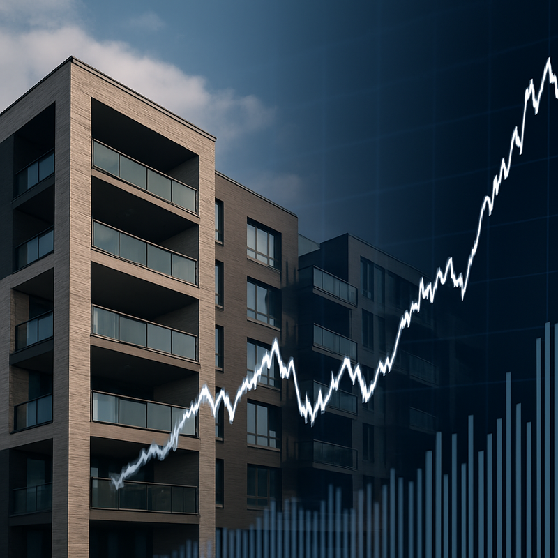 Moderne wooncomplex met aandelenkoers grafiek als symbool van hybride investeren