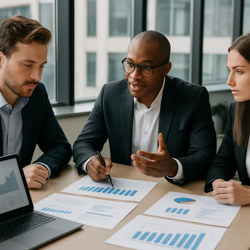 Zakelijk overleg over financiële strategieën met grafieken en documenten op tafel