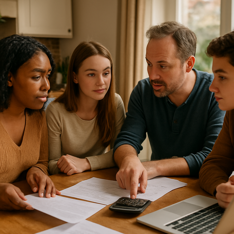 Gezin bespreekt financiële planning aan keukentafel