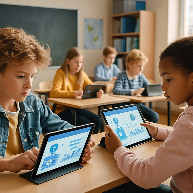Leerlingen in een modern klaslokaal werken met tablets en AI-onderwijstools
