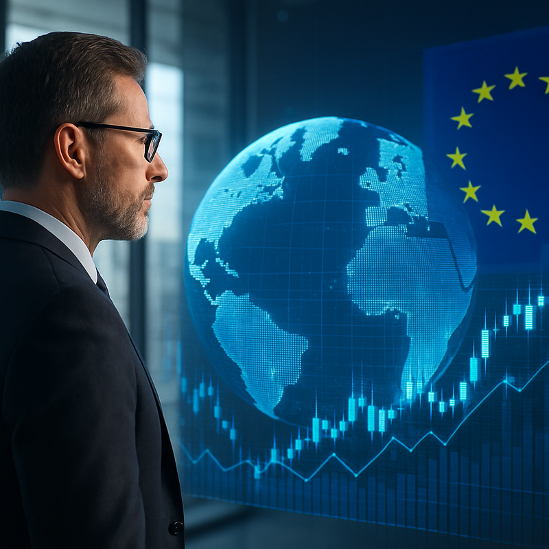 Zakelijke man kijkt uit over digitale wereldbol met financiele grafieken en Europese vlag