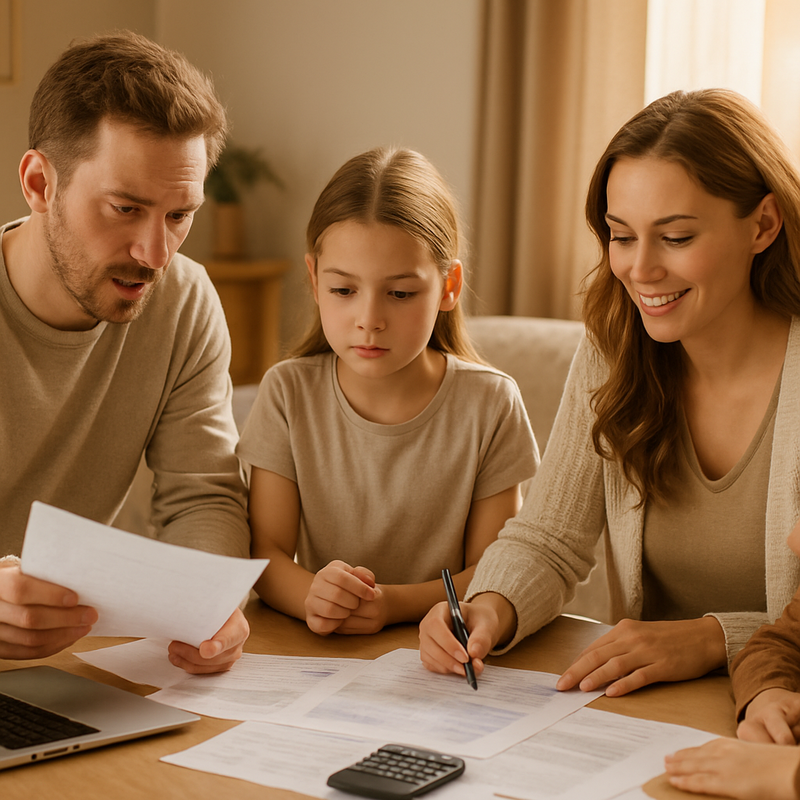 Gezin aan tafel met papieren en laptop werkt aan budgetbeheer
