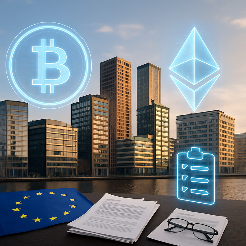 Digitale cryptocurrency symbolen zweven boven Nederlandse kantoorgebouwen met EU-vlaggen
