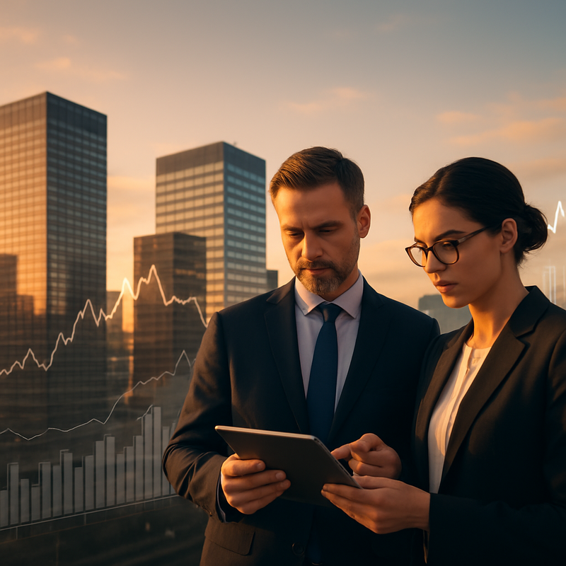 Financieel district met grafieken die de groei van indexfondsen tonen