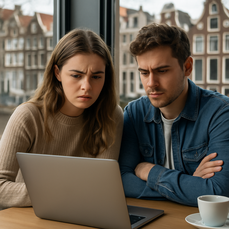 Jong stel bekijkt woningaanbod op laptop met bezorgde gezichtsuitdrukking