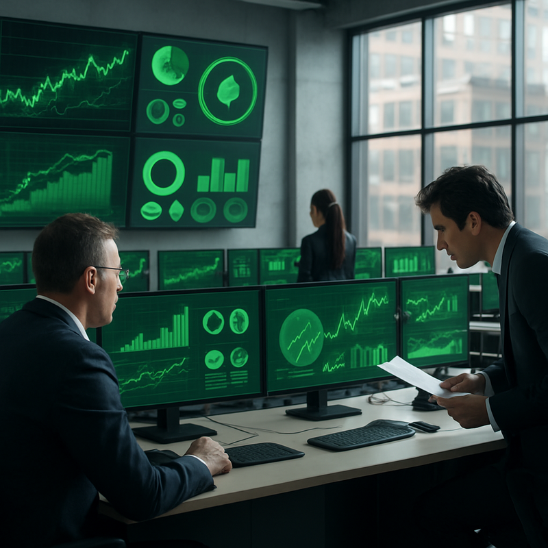 Handelsvloer met ESG-data en duurzaamheidsmetingen op schermen
